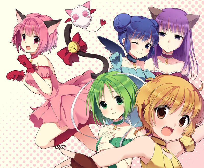 Five Anime Girls with Cat Ears — Pink, Playful