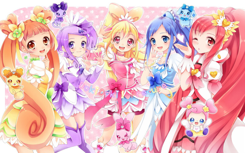 Five Anime Girls with Creatures