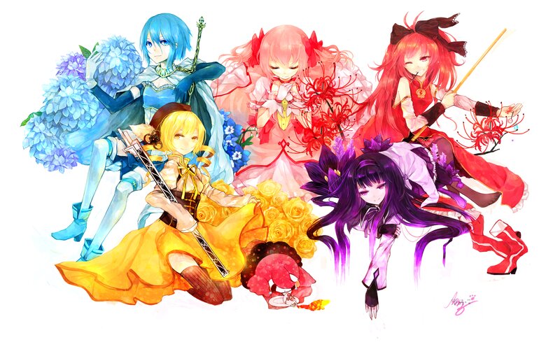 Five Anime Girls with Flowers — Blue