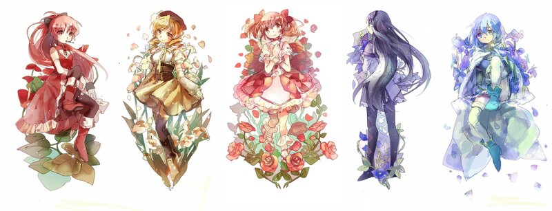five anime girls with flowers
