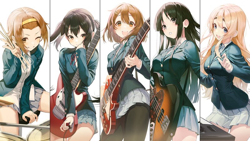 Five Anime Girls with Instruments — Blue, Cheerful