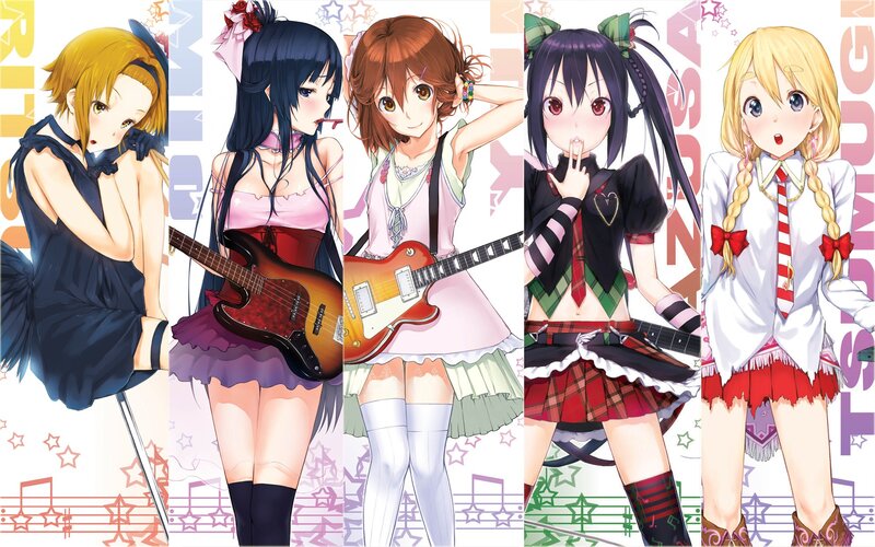 Five Anime Girls with Instruments — Pink, Playful, Guitar