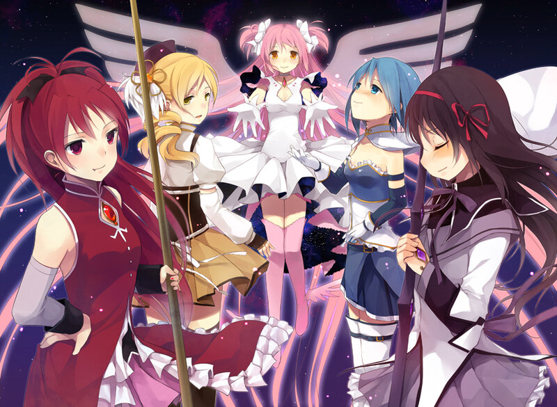 Five anime girls with staffs