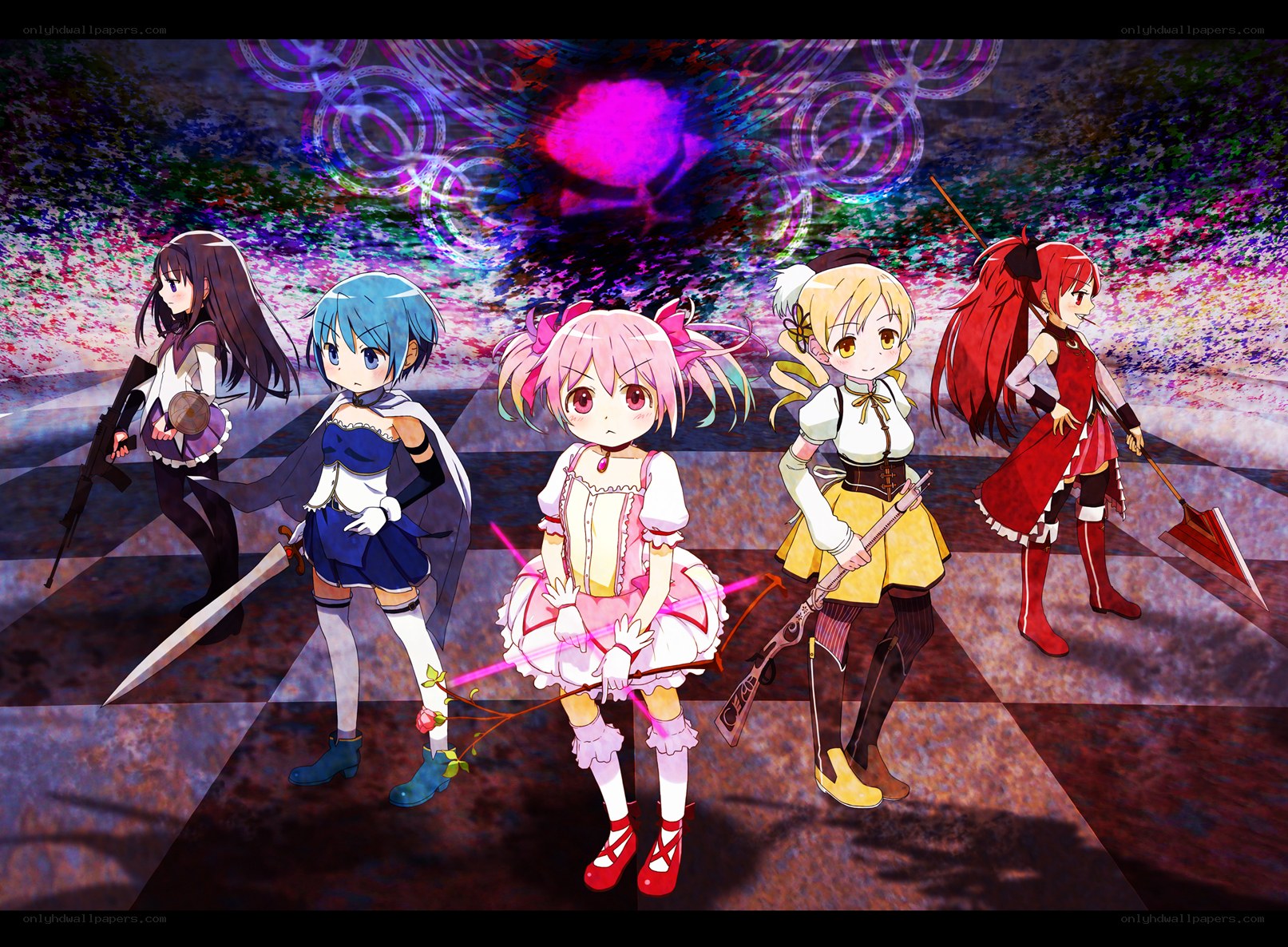 Five anime girls with weapons