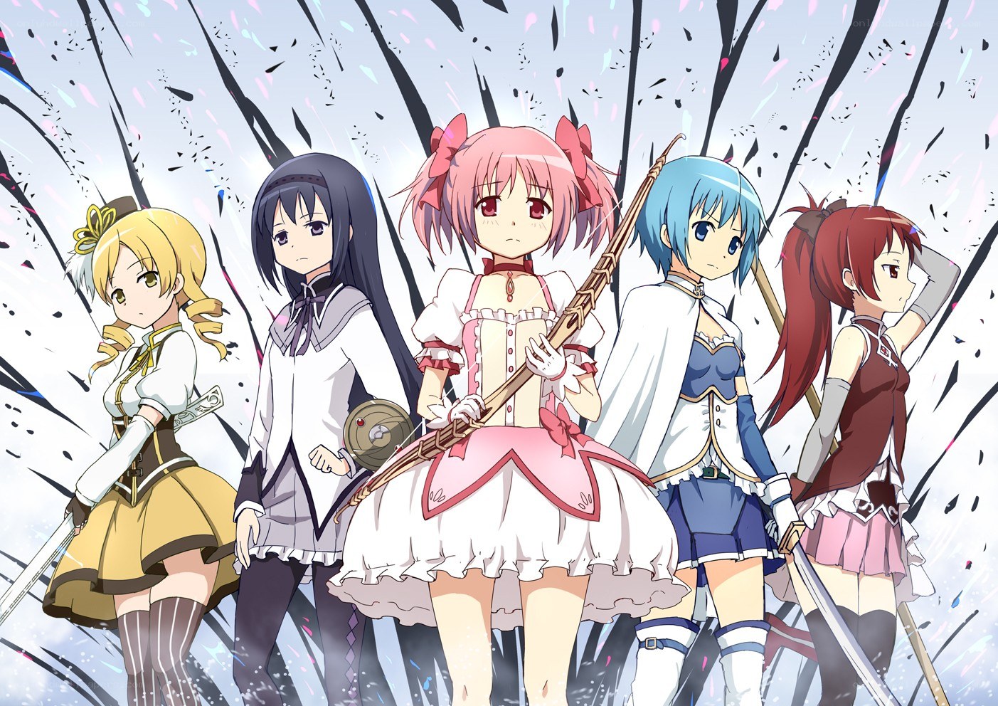 five anime girls with weapons