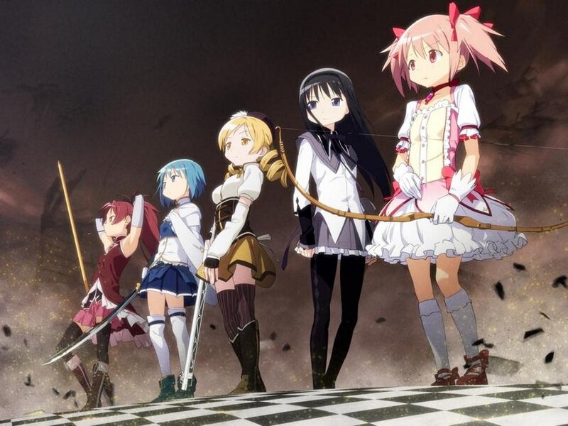 Five Anime Girls with Weapons — Black, Dramatic, Checkered Floor, Dust