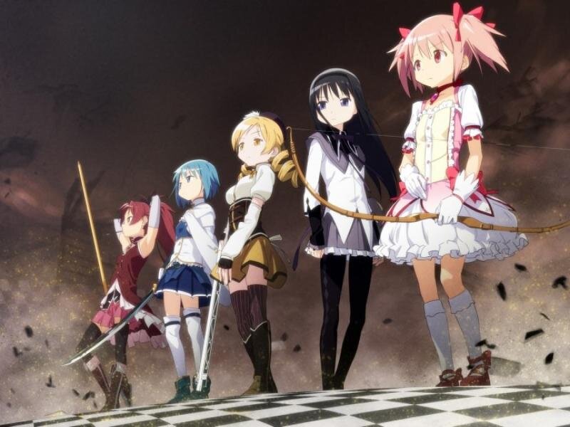 Five Anime Girls with Weapons — Black, Dramatic, Checkered Floor