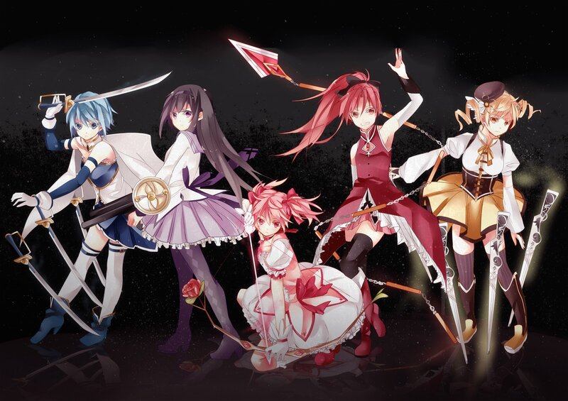 Five Anime Girls with Weapons — Black, Dramatic, Night