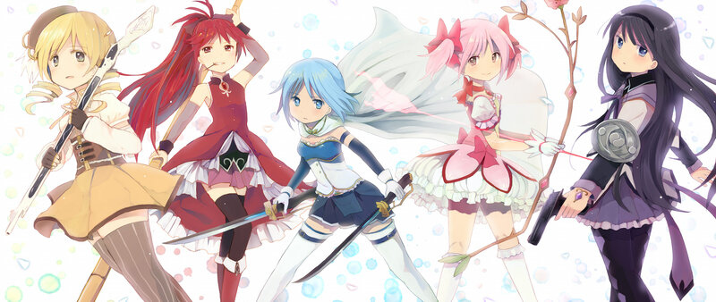 Five Anime Girls with Weapons — Blue, Playful, Swords