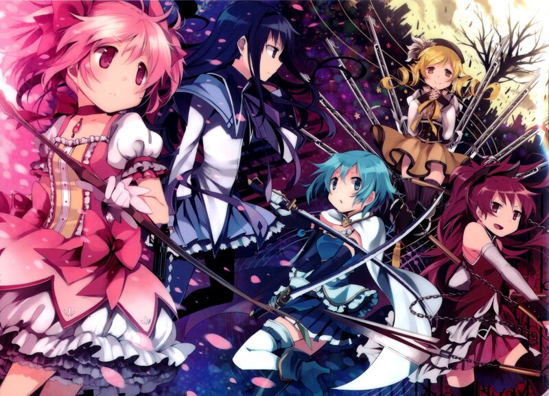 Five Anime Girls with Weapons — Pink, Dramatic, Night, Swords