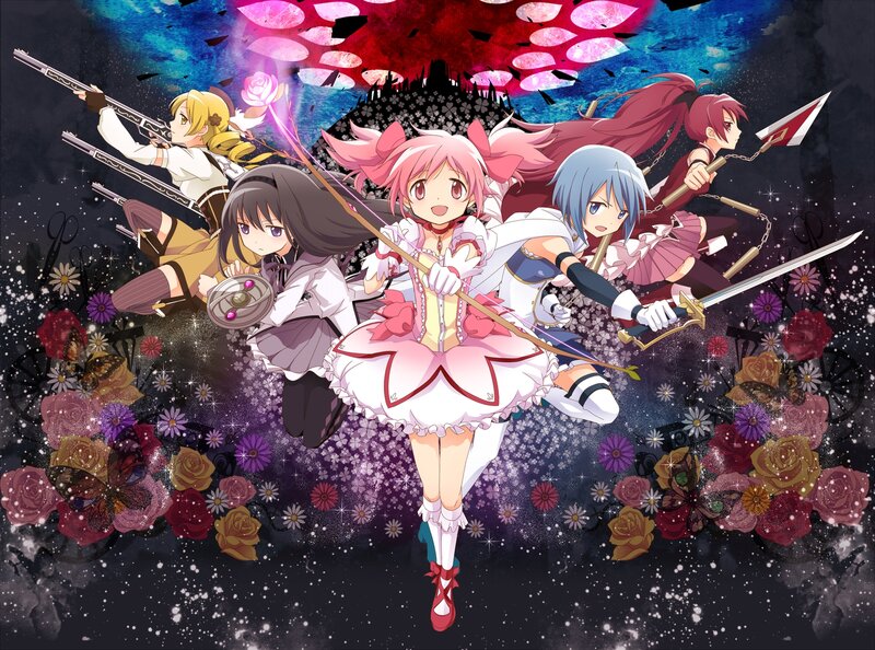 Five Anime Girls with Weapons — Pink, Dramatic, Night