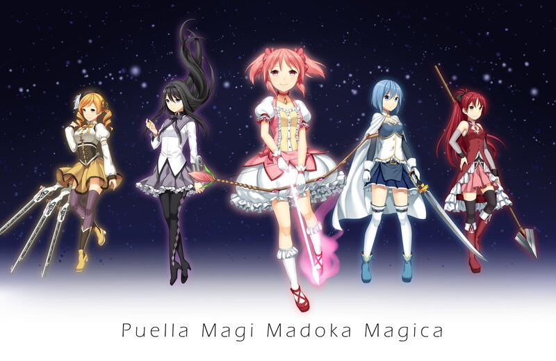 Five Anime Girls with Weapons — Purple, Dramatic, Night, Stars
