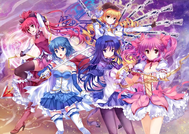 Five Anime Girls with Weapons — Purple, Dramatic, Swords, Magic Circles