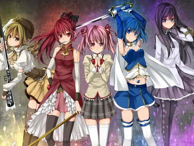 Five Anime Girls with Weapons — Purple, Dramatic, Swords