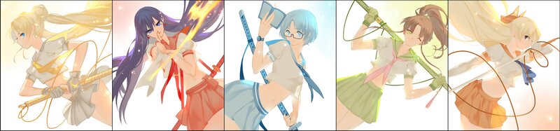 Five Anime Girls with Weapons — White, Dynamic