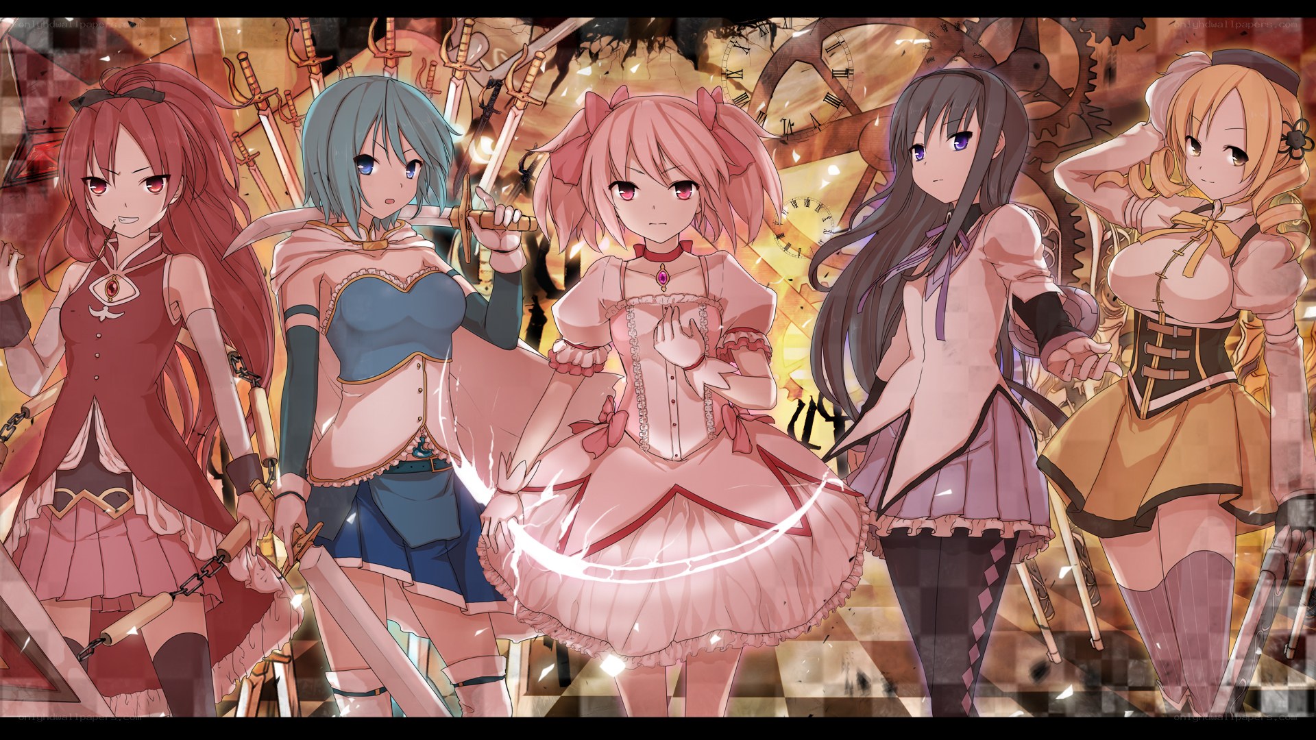 five anime girls with weapons