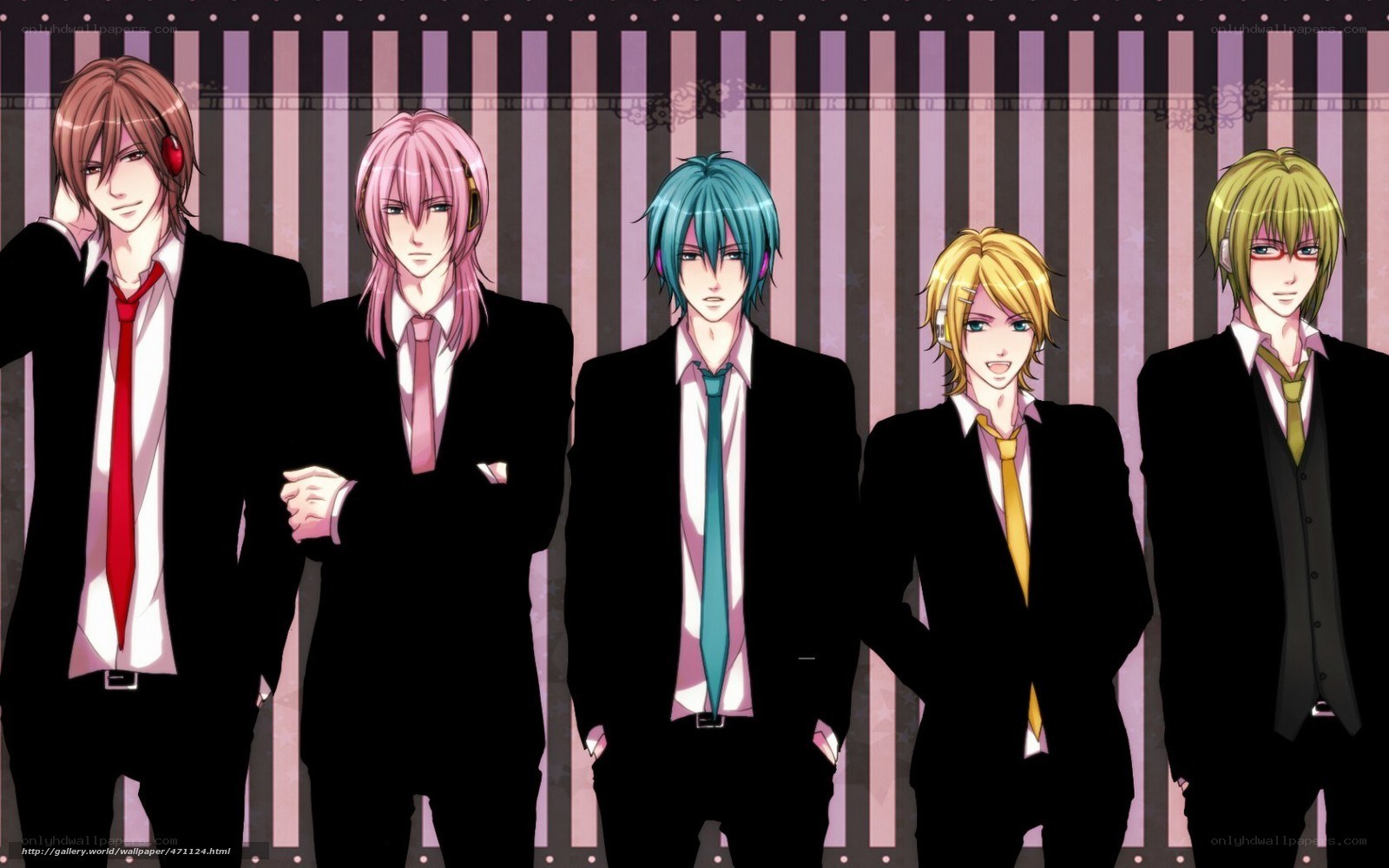 five anime men in suits