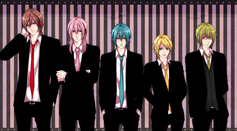 five anime men in suits