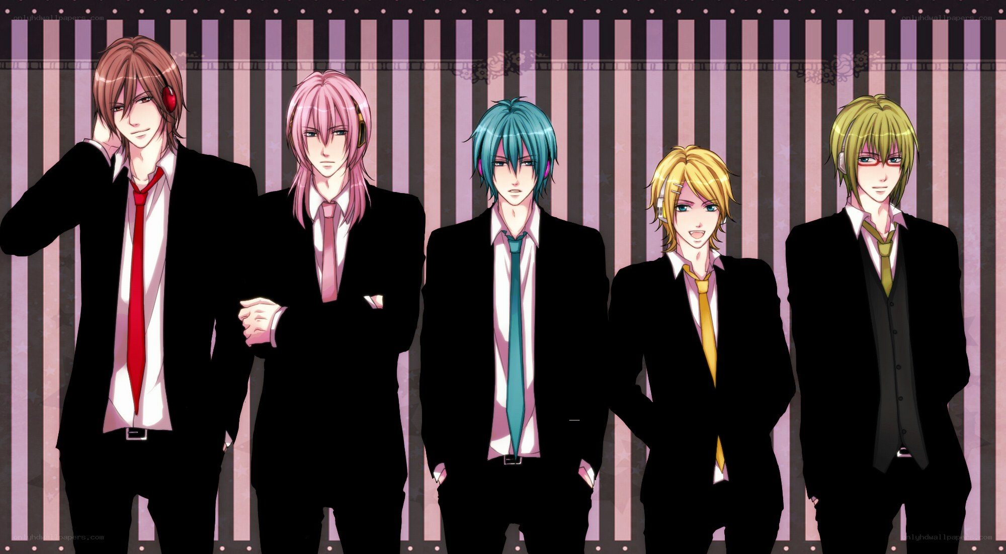 five anime men in suits