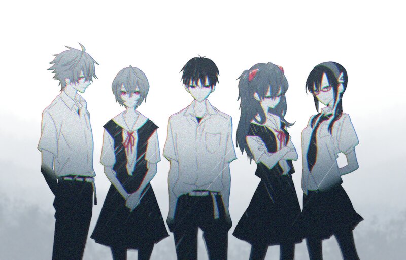 Five Anime Students — Black, Dramatic, School Uniforms