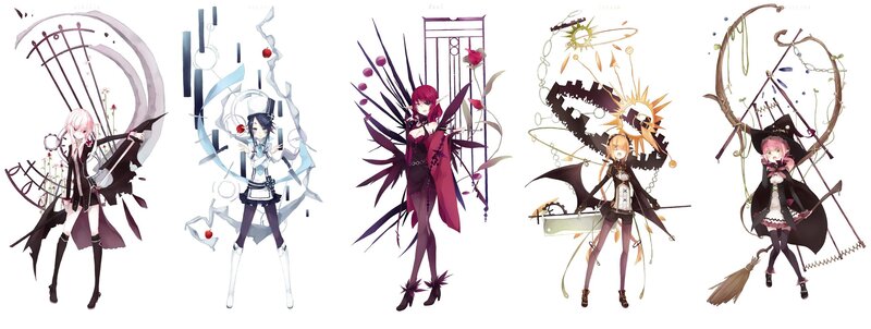 Five anime-style magical girls
