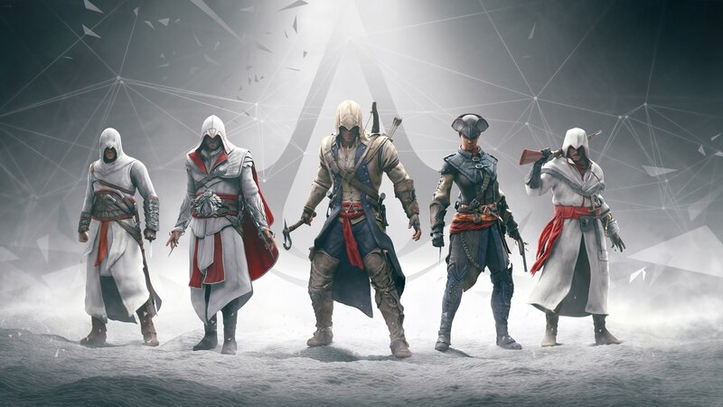 Five Assassins Standing — White, Dramatic, Digital Art, Hooded Cloaks