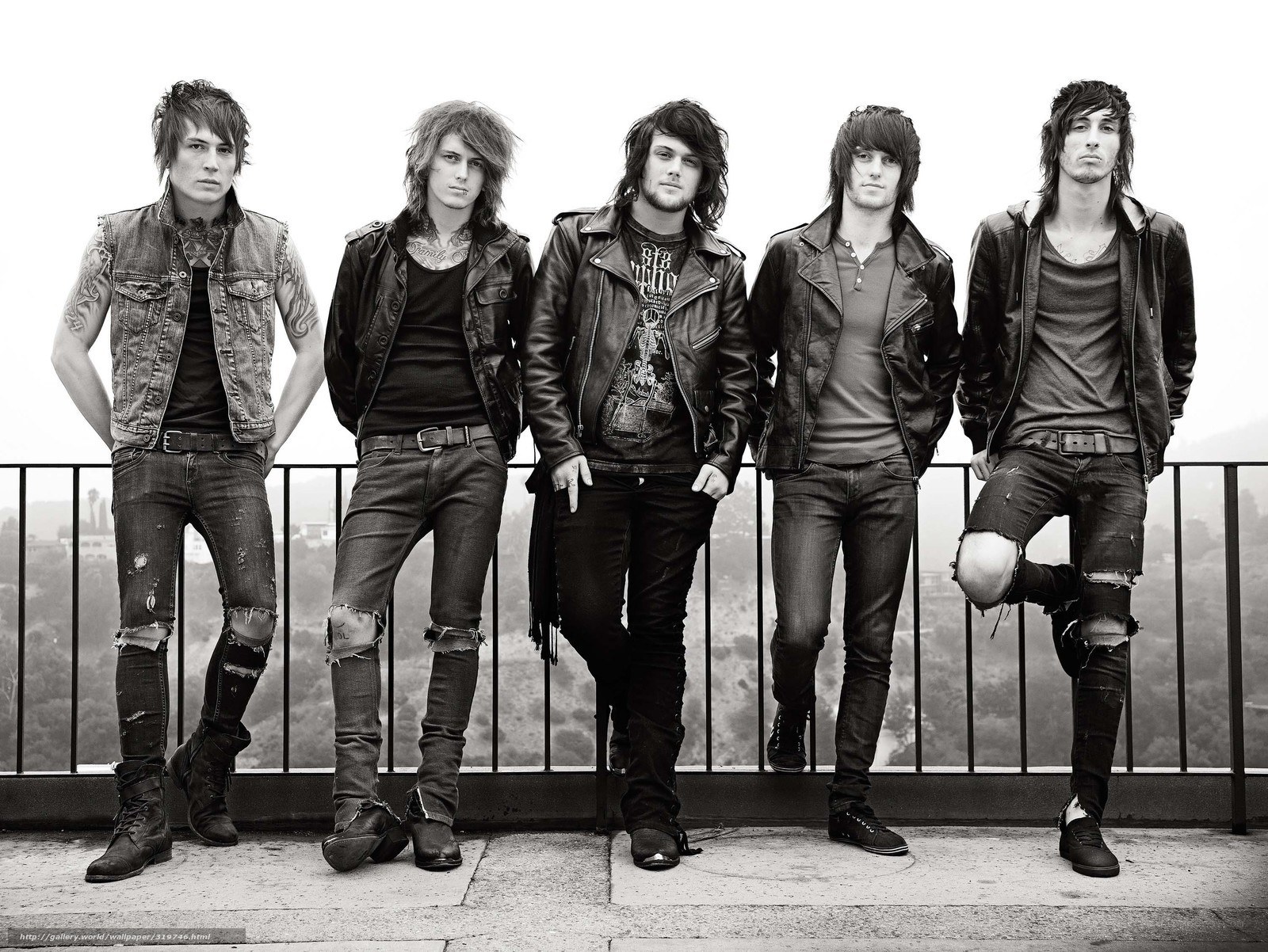 five band members on balcony