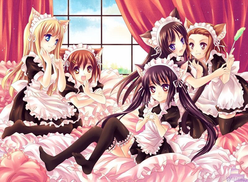 Five Cat-eared Girls in Maid Outfits
