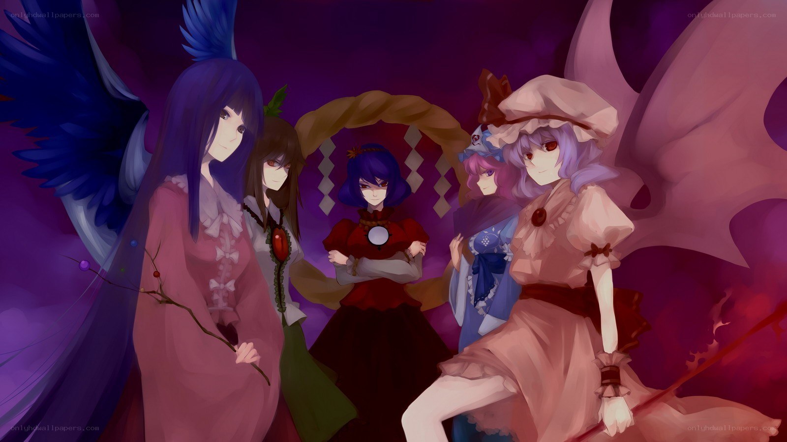 Five characters in a dark fantasy scene