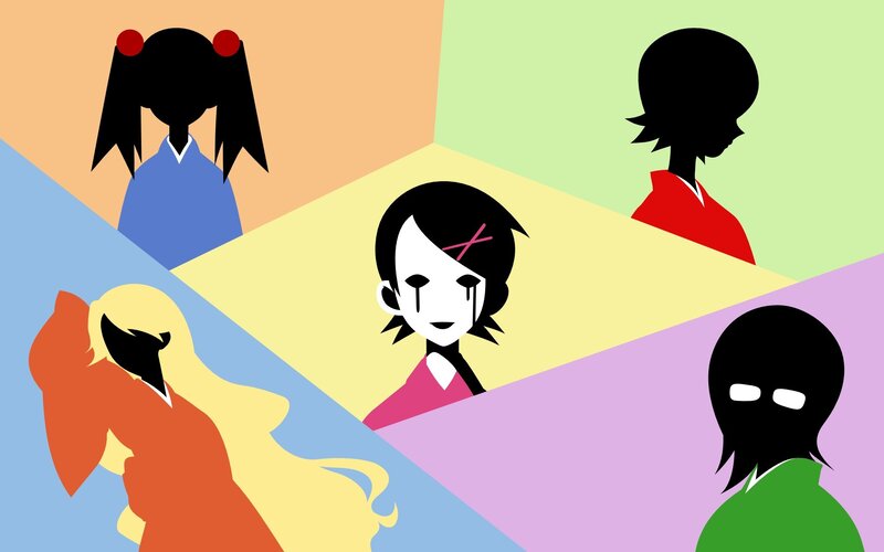 Five characters in colorful panels