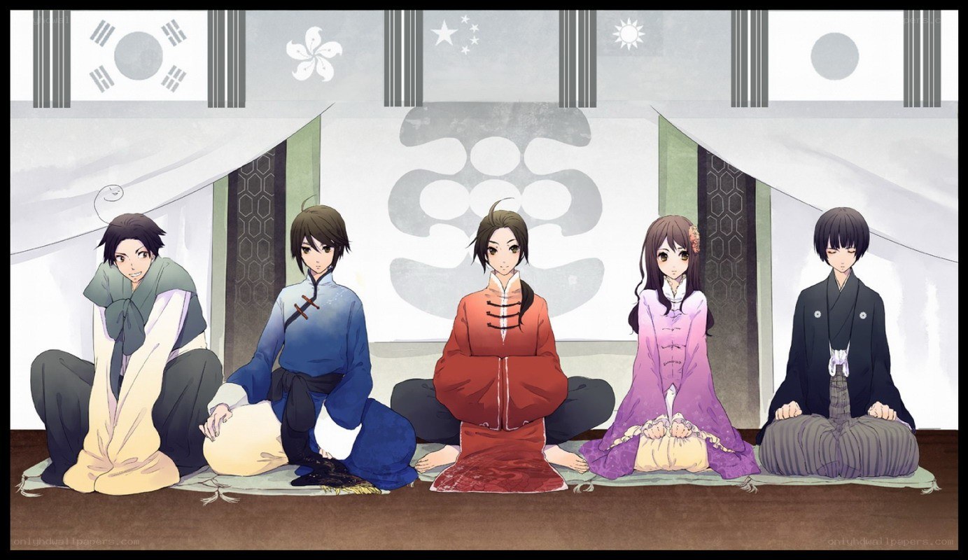 Five characters in traditional attire