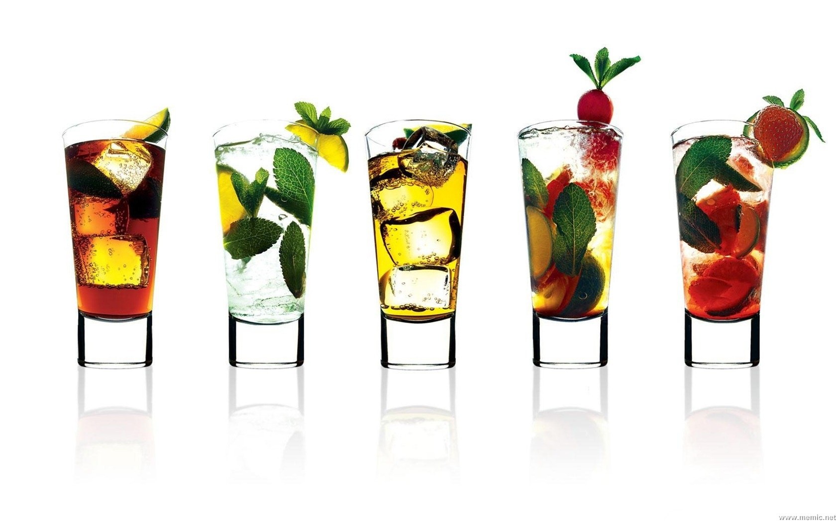 Five cocktails in glasses