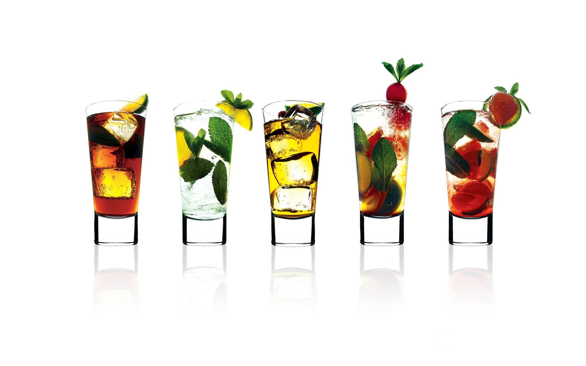 Five cocktails in glasses