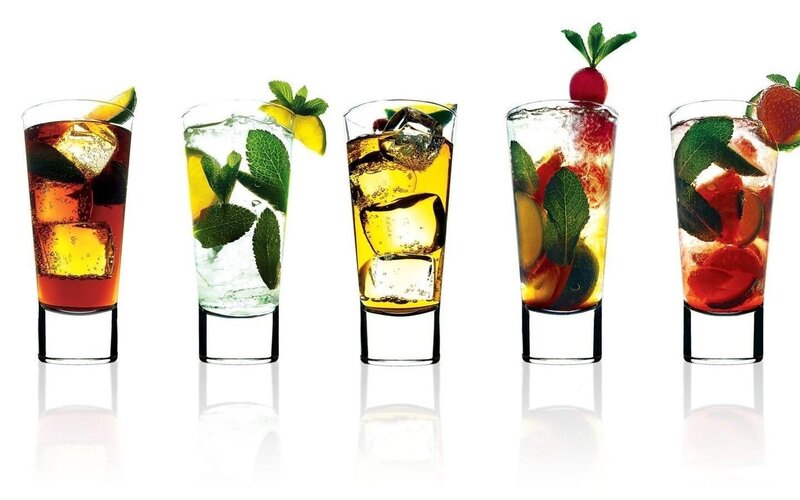 five cocktails in glasses