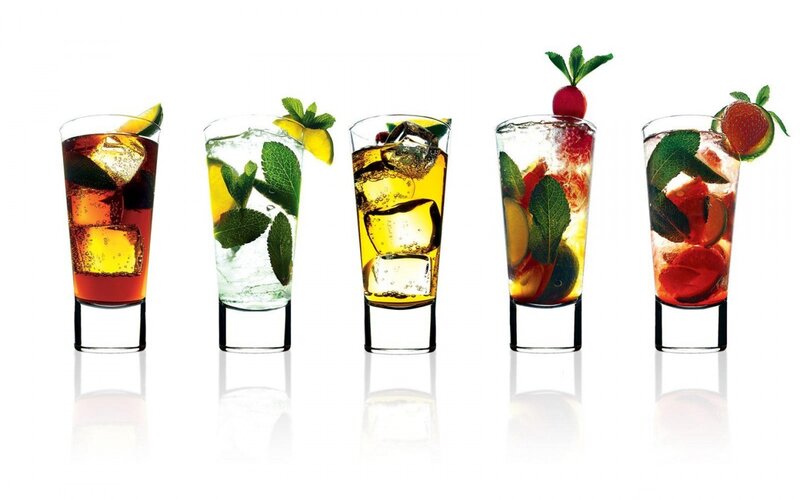 Five Cocktails in Glasses — Red, Refreshing, Photograph