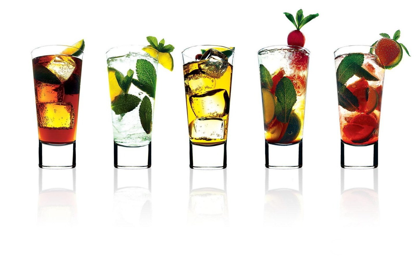 Five cocktails in glasses