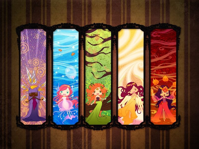 Five elemental fairies in stained glass