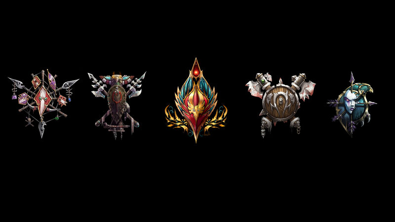 Five faction emblems from World of Warcraft
