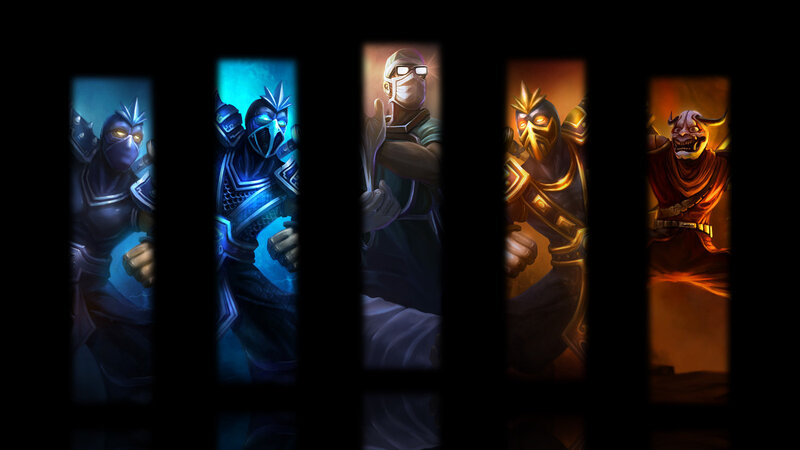 Five fantasy characters in glowing panels