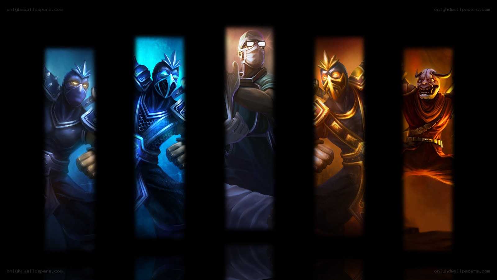 Five fantasy characters in glowing panels