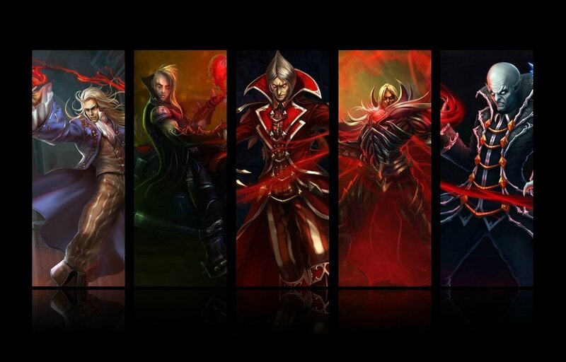 Five fantasy characters in red and black
