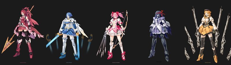 Five female anime characters in armor