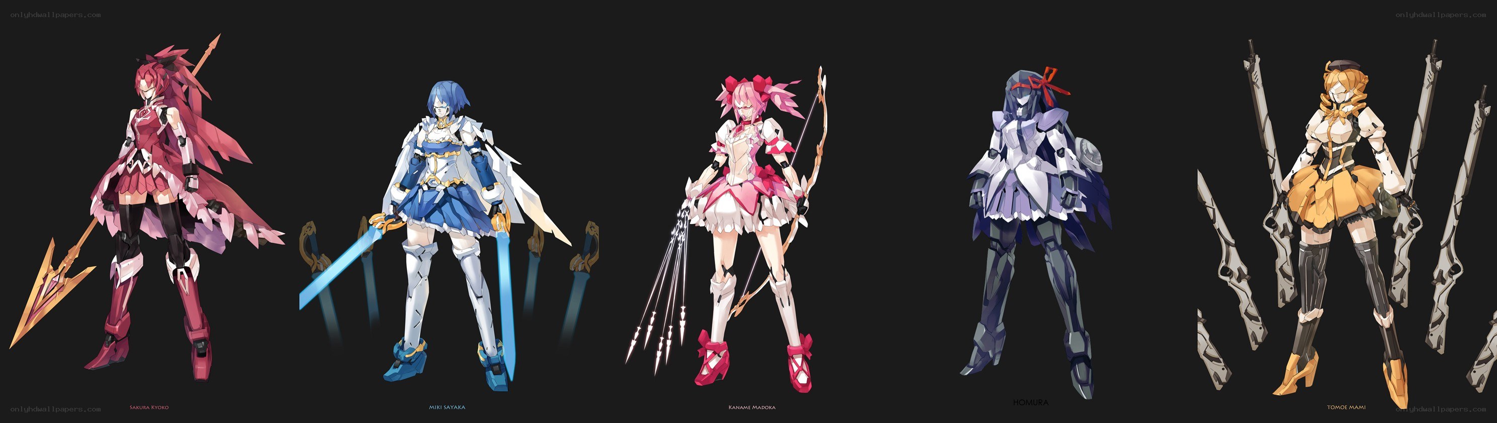 Five female anime characters in armor