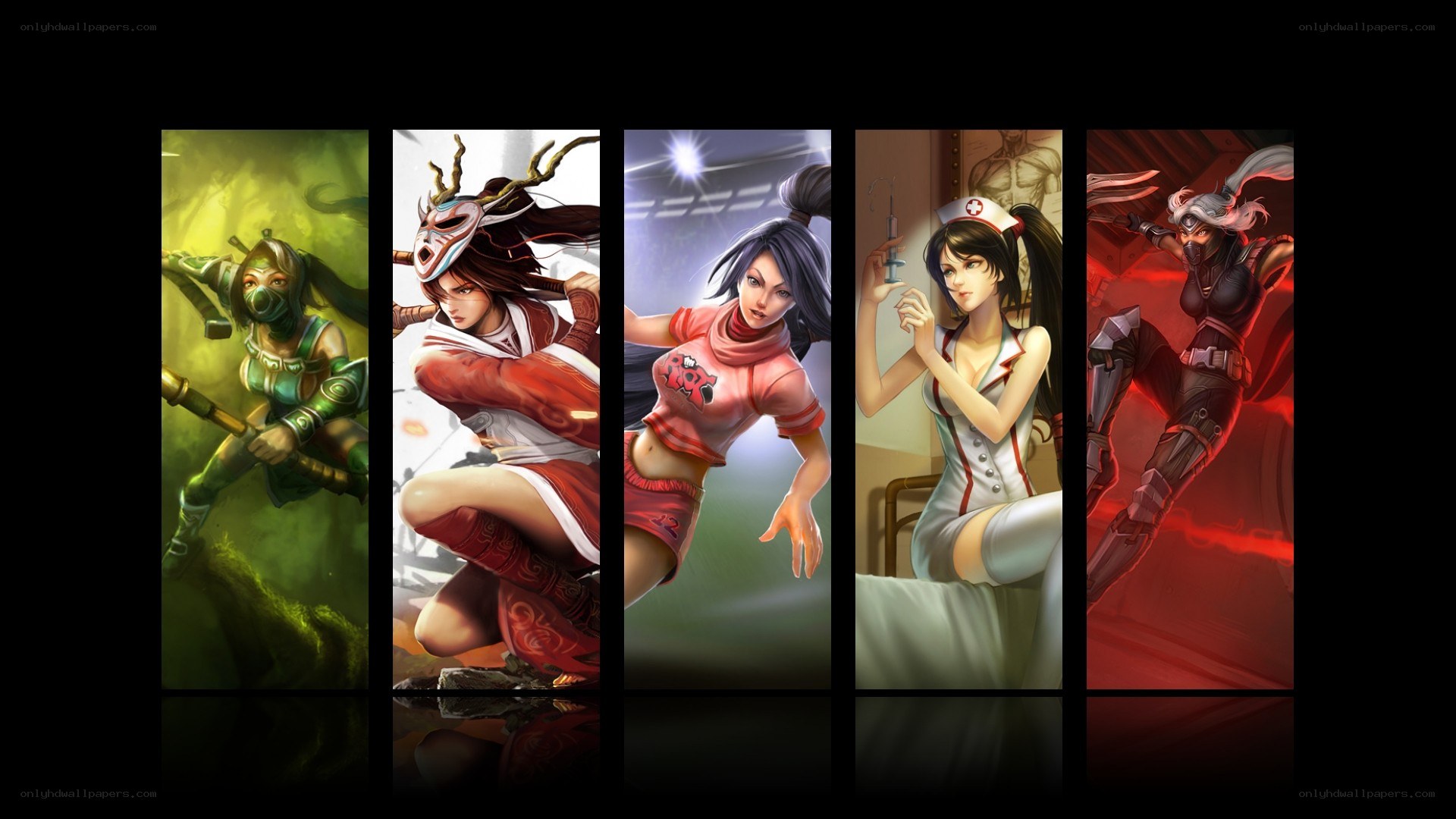 Five female characters in action poses