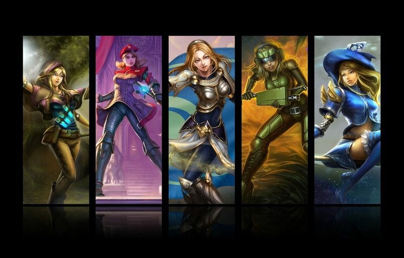 Five female characters in fantasy armor
