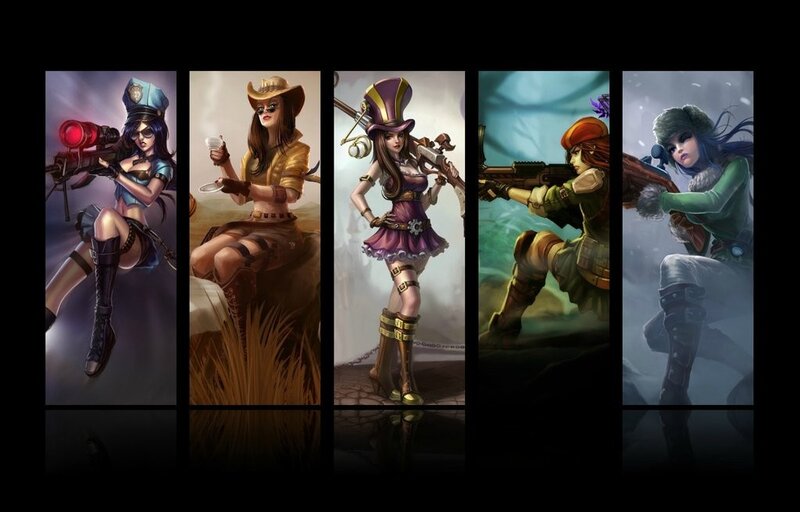 Five female characters in various outfits