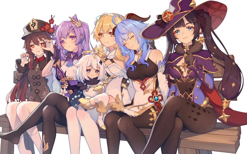 Five Female Characters Sitting — Purple