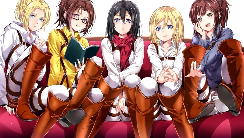 Five Female Characters Sitting — White
