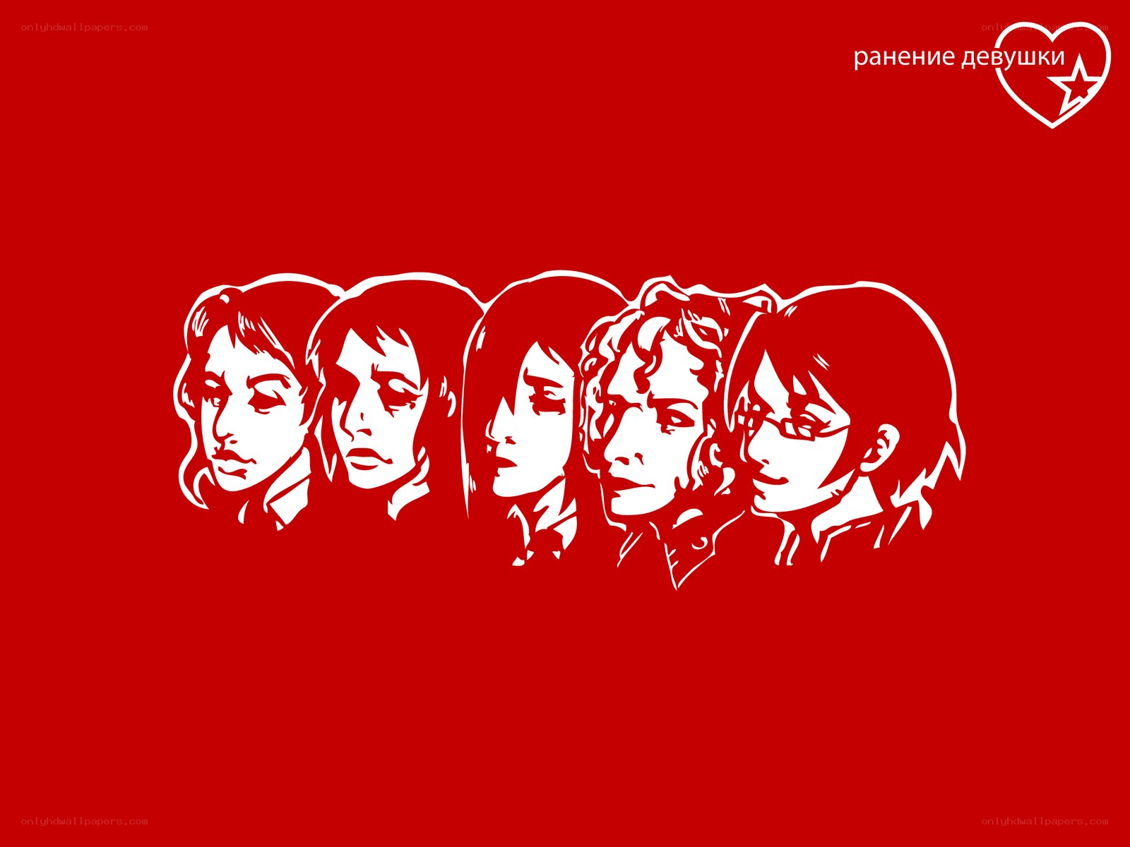 Five female faces in white silhouette