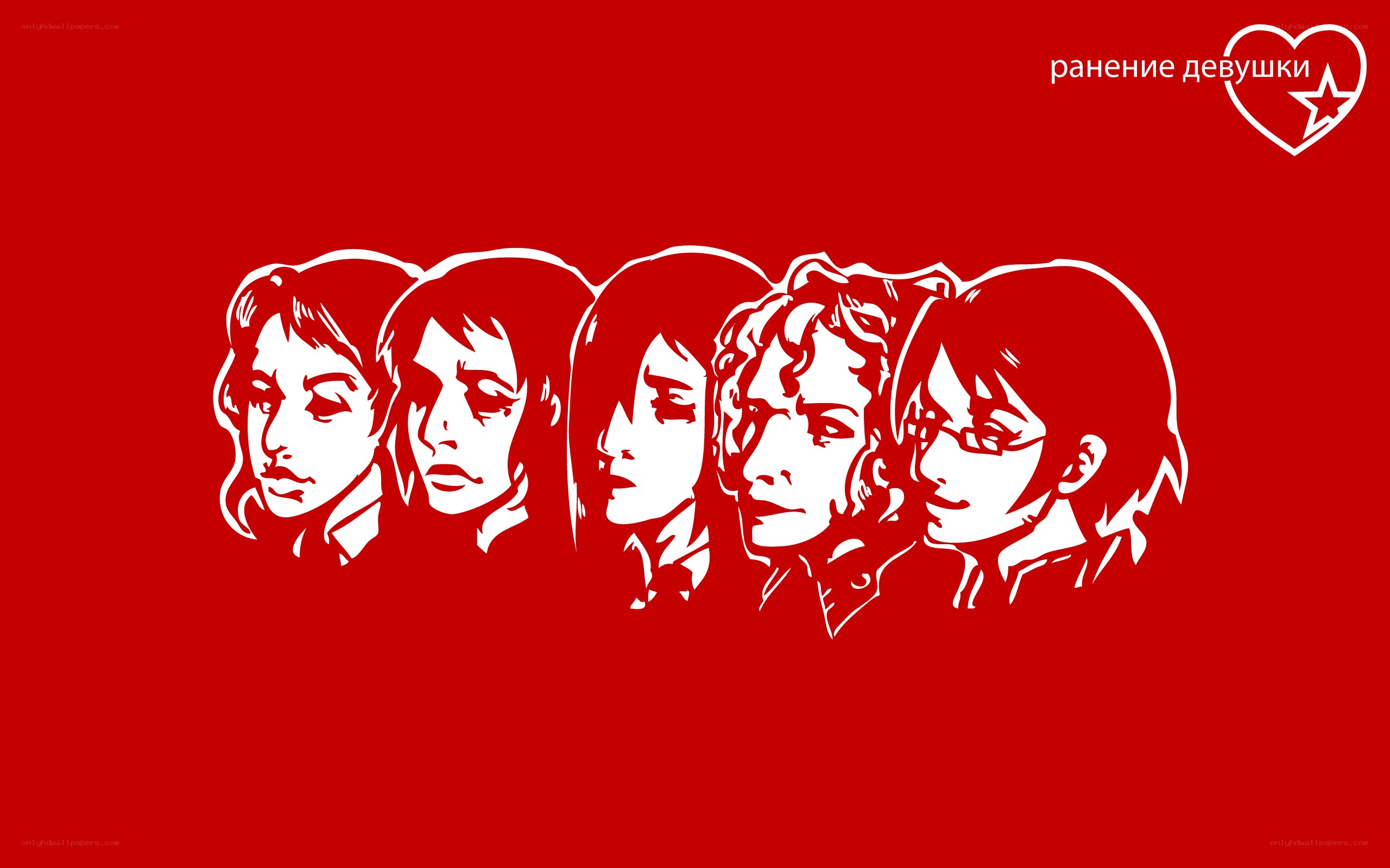 Five female faces in white silhouette